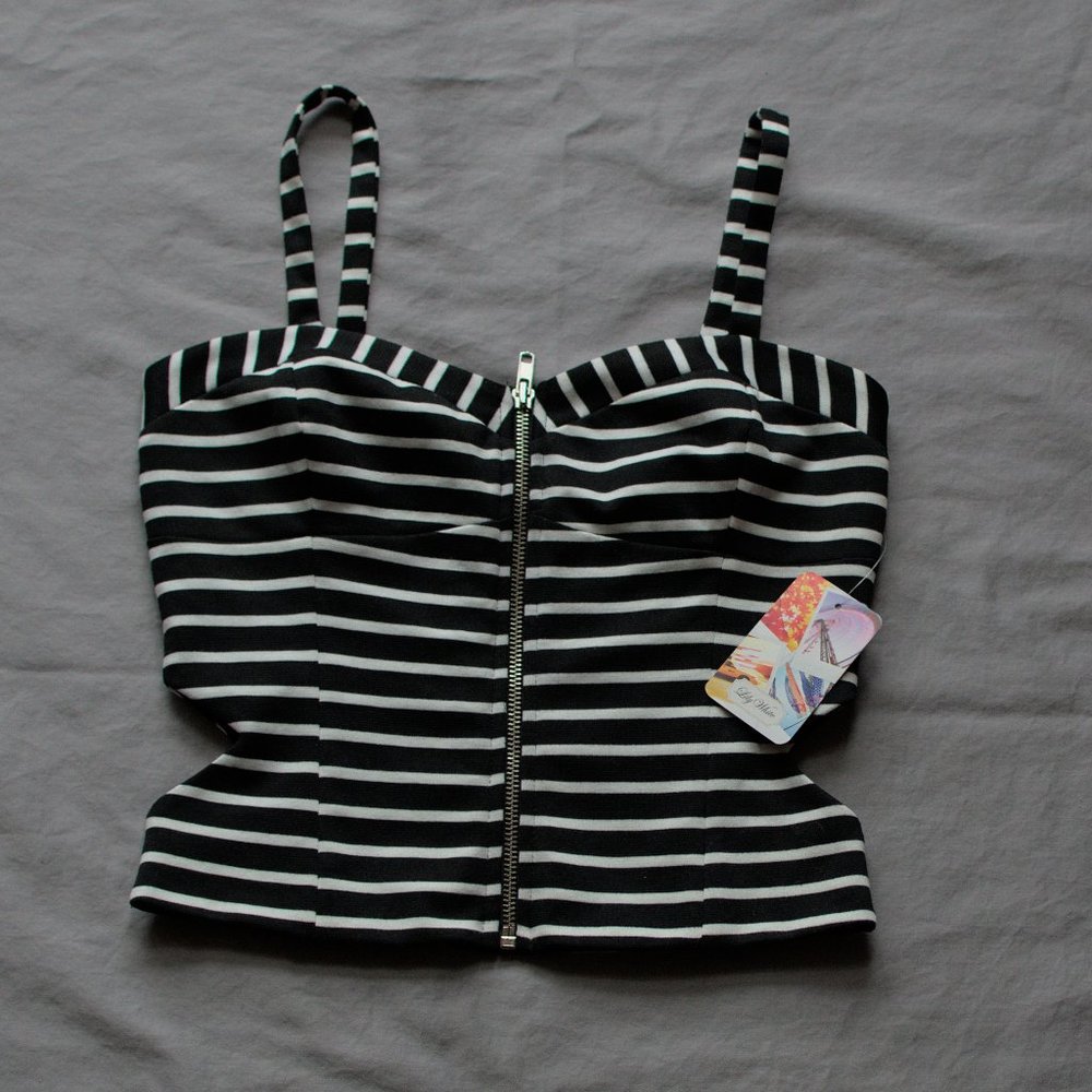 NWT bustier style black and white striped crop top with cutouts and zipper